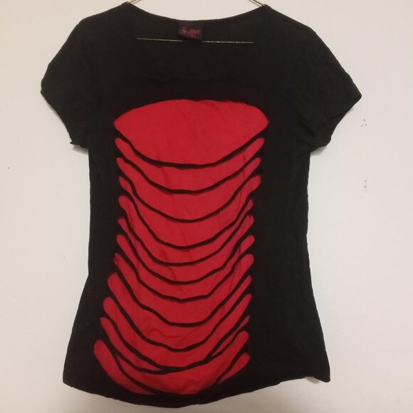 Folter Tops - Retro 00s Y2K Red and Black Ripped Folter shirt - Goth, Punk